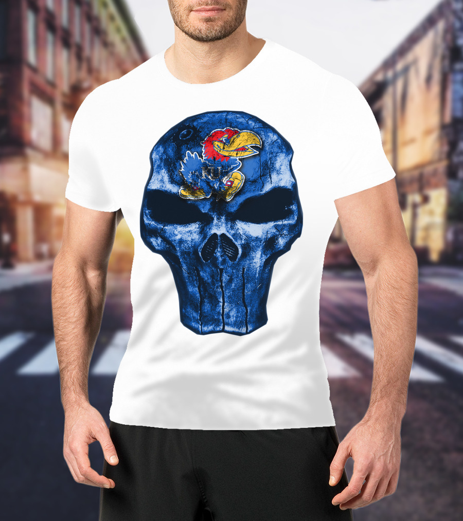 Kansas Jayhawks Logo On Blue Skull T-Shirt