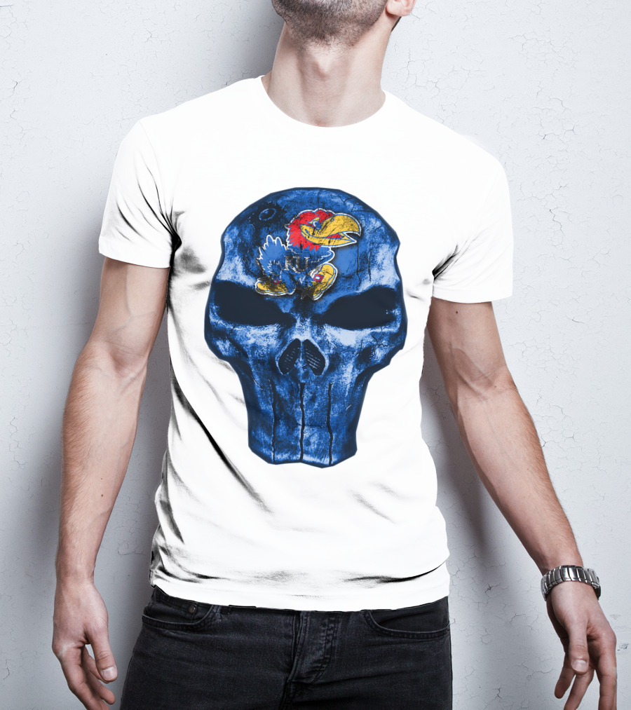 Kansas Jayhawks Logo On Blue Skull T-Shirt