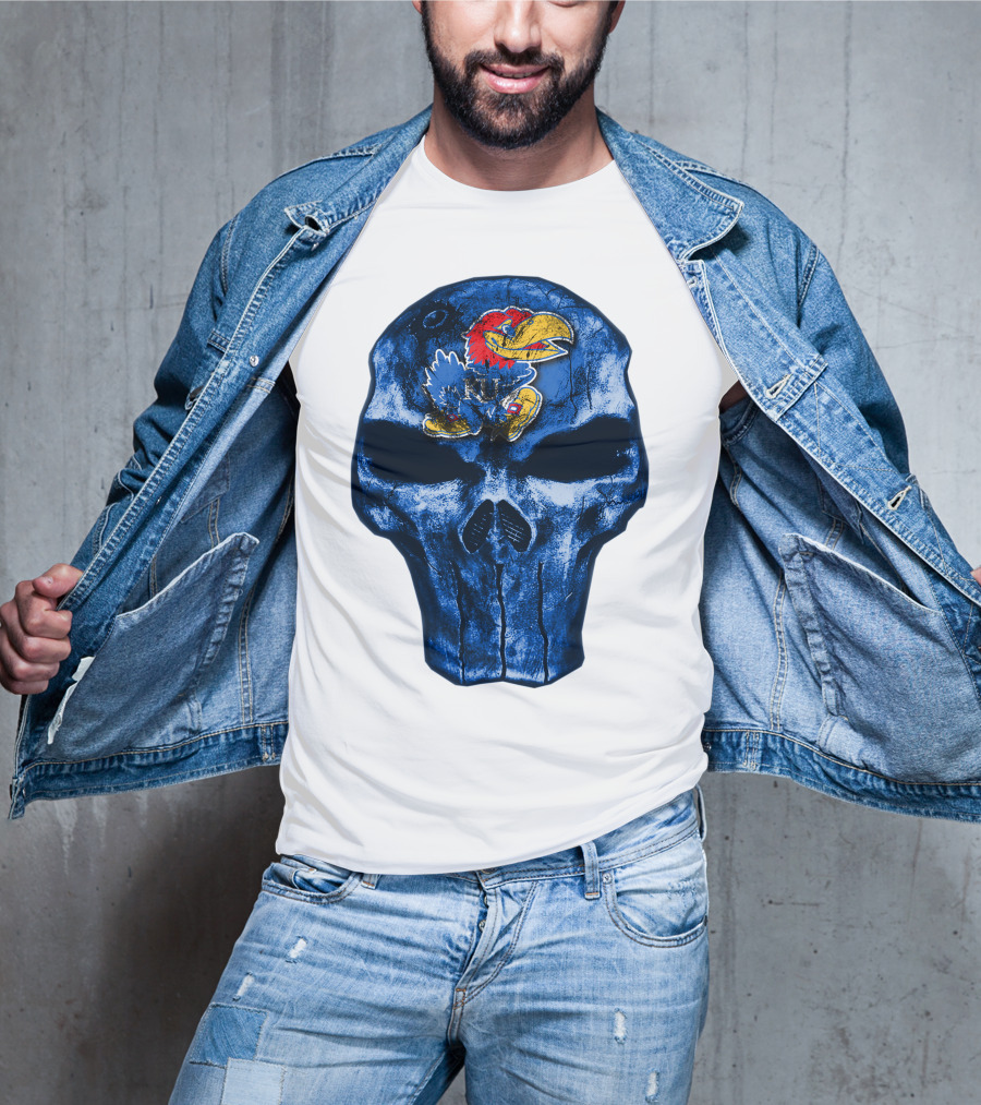 Kansas Jayhawks Logo On Blue Skull T-Shirt