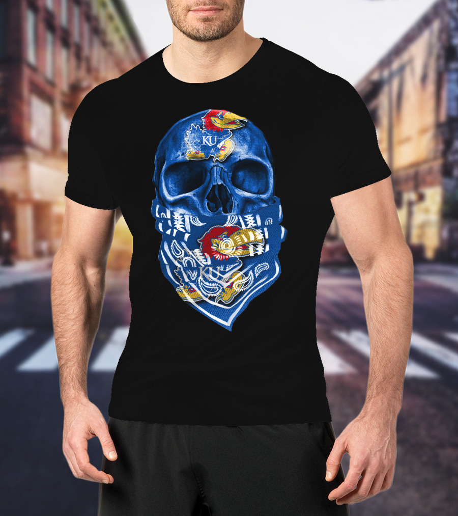 Kansas Jayhawks Skull With KU Bandana T-Shirt