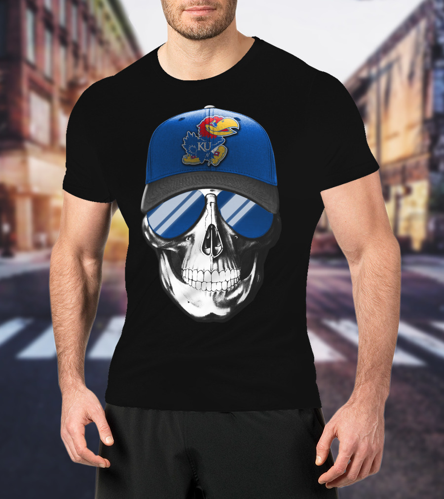 Kansas Jayhawks Skull With Blue Cap And Sunglasses T-Shirt