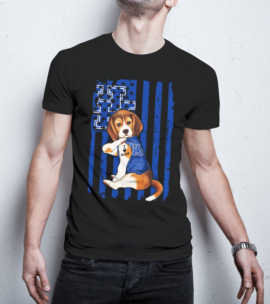 Beagle I Love Mom Kentucky Wildcats Blue Stars Stripes T-Shirt