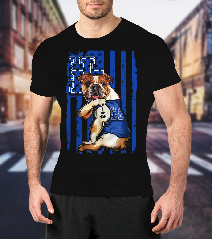 Bulldog Wearing Kentucky Wildcats Blue Jersey American Flag Background T-Shirt