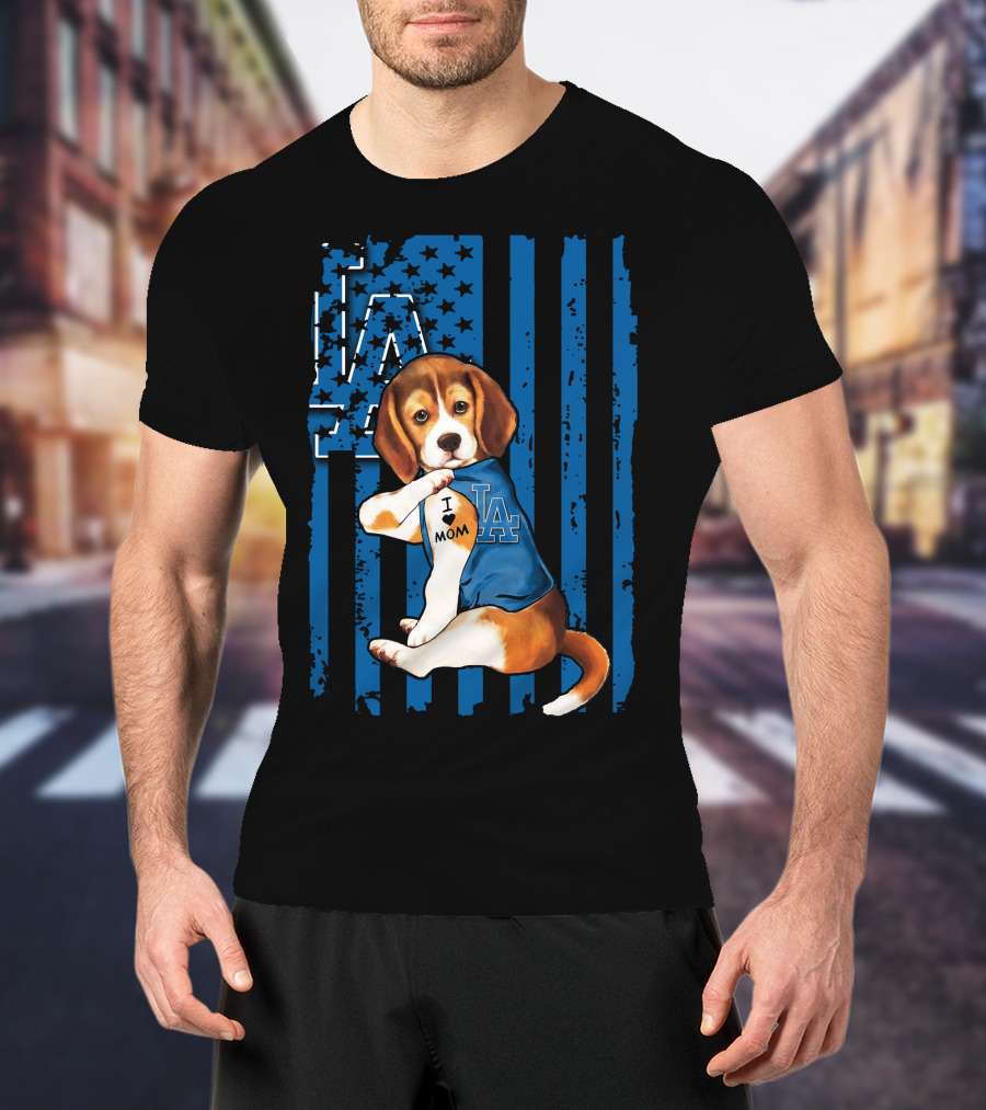 Beagle Wearing Los Angeles Dodgers Shirt With Tattoo I Love Mom T-Shirt