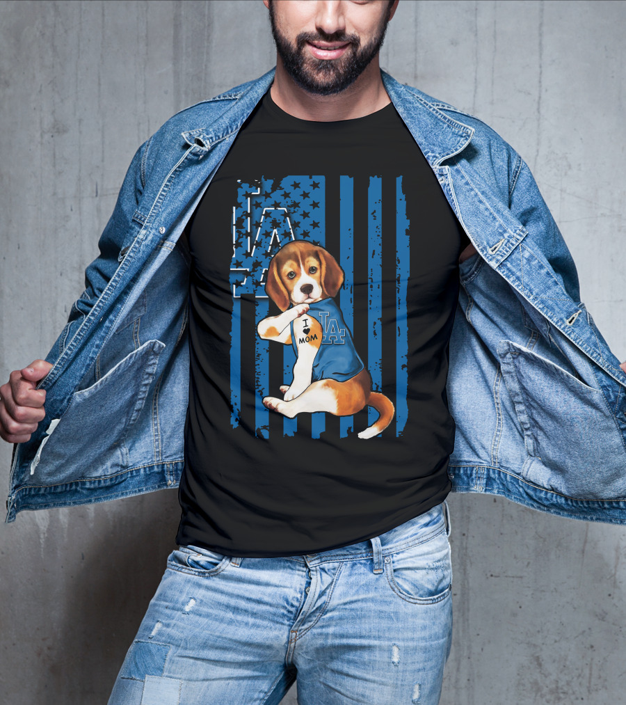 Beagle Wearing Los Angeles Dodgers Shirt With Tattoo I Love Mom T-Shirt