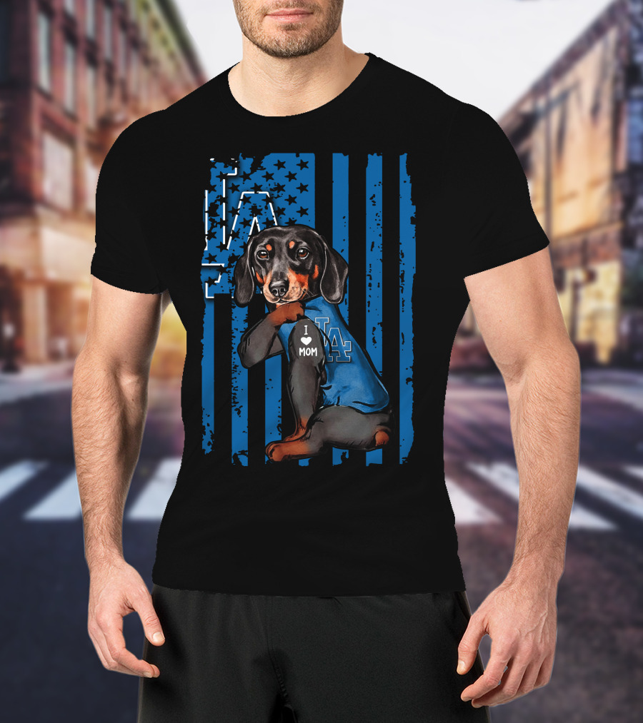 Dachshund I Love Mom LA Dodgers American Flag T-Shirt
