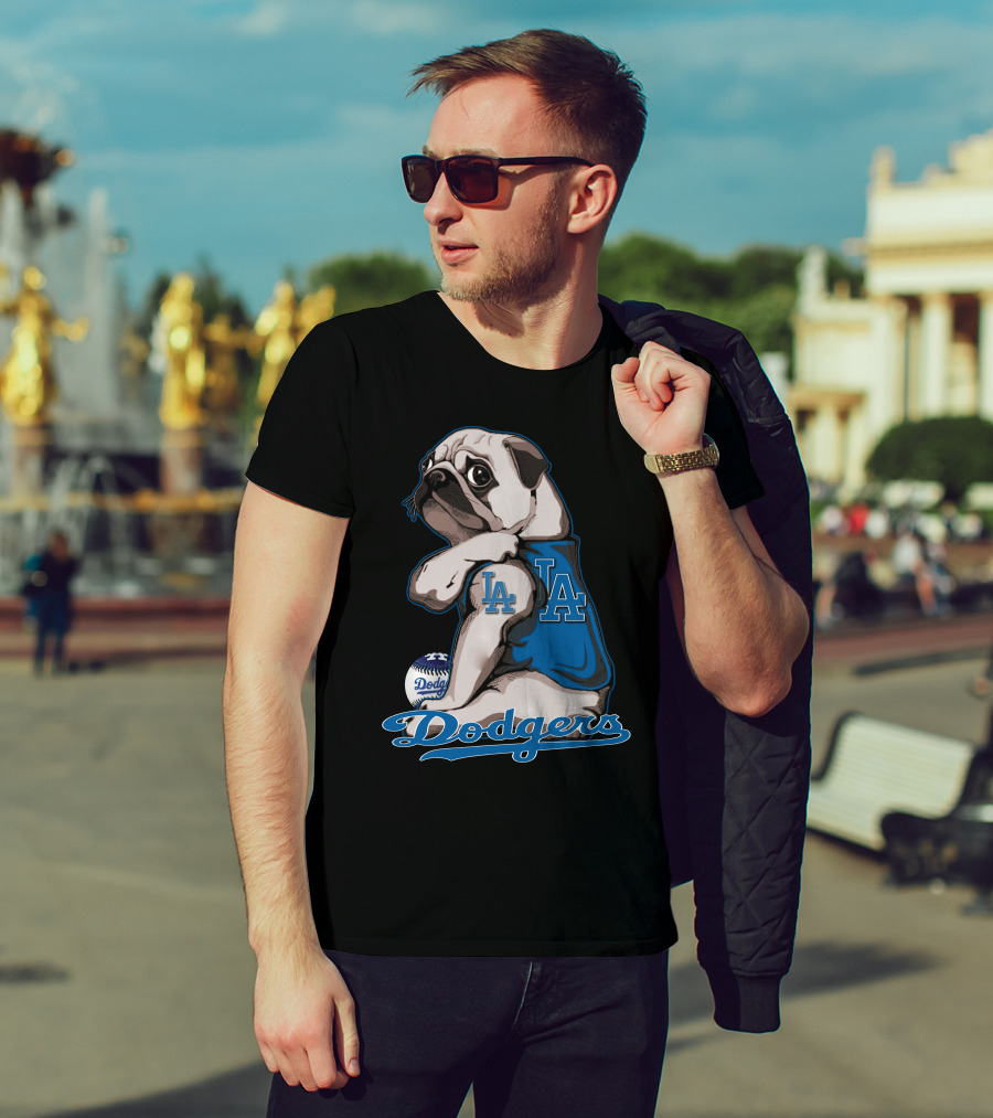 Pug Los Angeles Dodgers Mascot With Baseball And LA Insignia T-Shirt