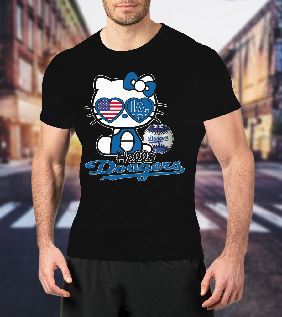 Hello Kitty Dodgers Los Angeles Baseball Heart USA Flag T-Shirt