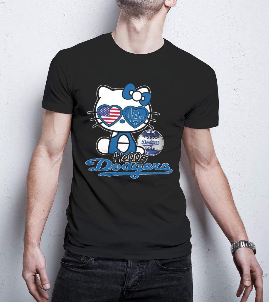 Hello Kitty Dodgers Los Angeles Baseball Heart USA Flag T-Shirt