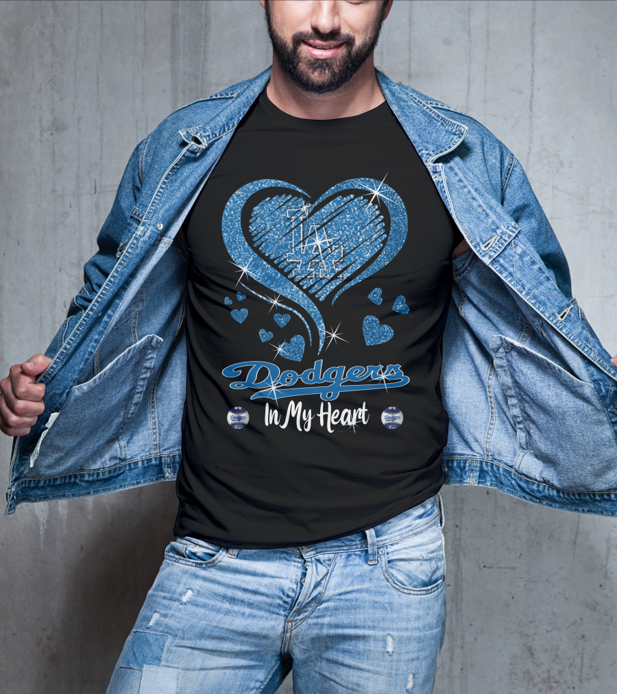 In My Heart Dodgers LA Sparkle Blue Hearts T-Shirt