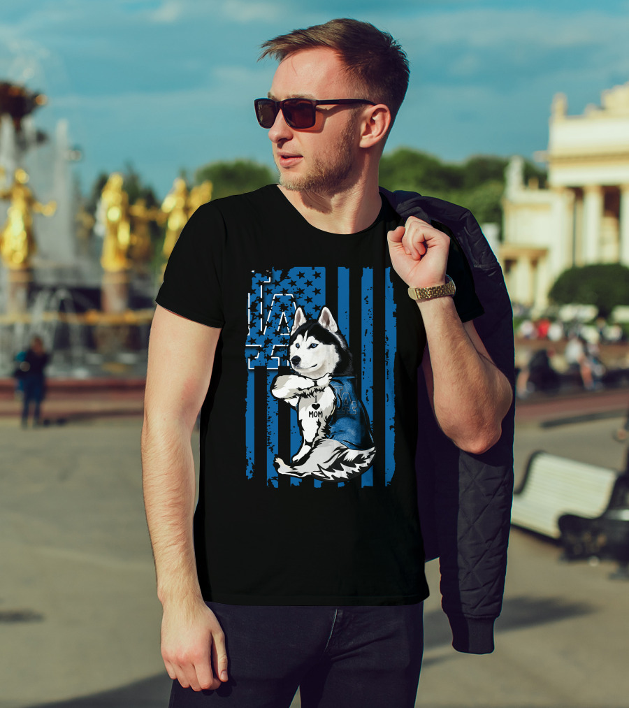 Siberian Husky LA Dodgers Blue American Flag Mom Tattoo T-Shirt