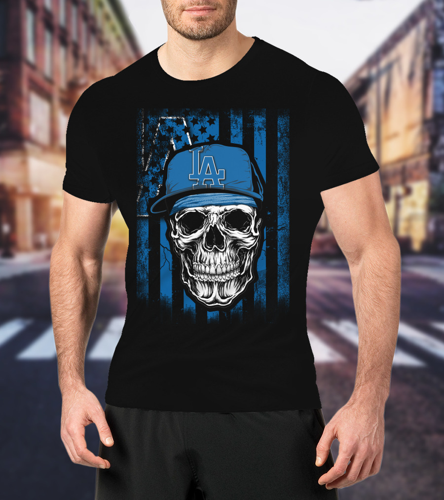 Skull Los Angeles Dodgers Baseball Cap Blue Stripes Stars T-Shirt