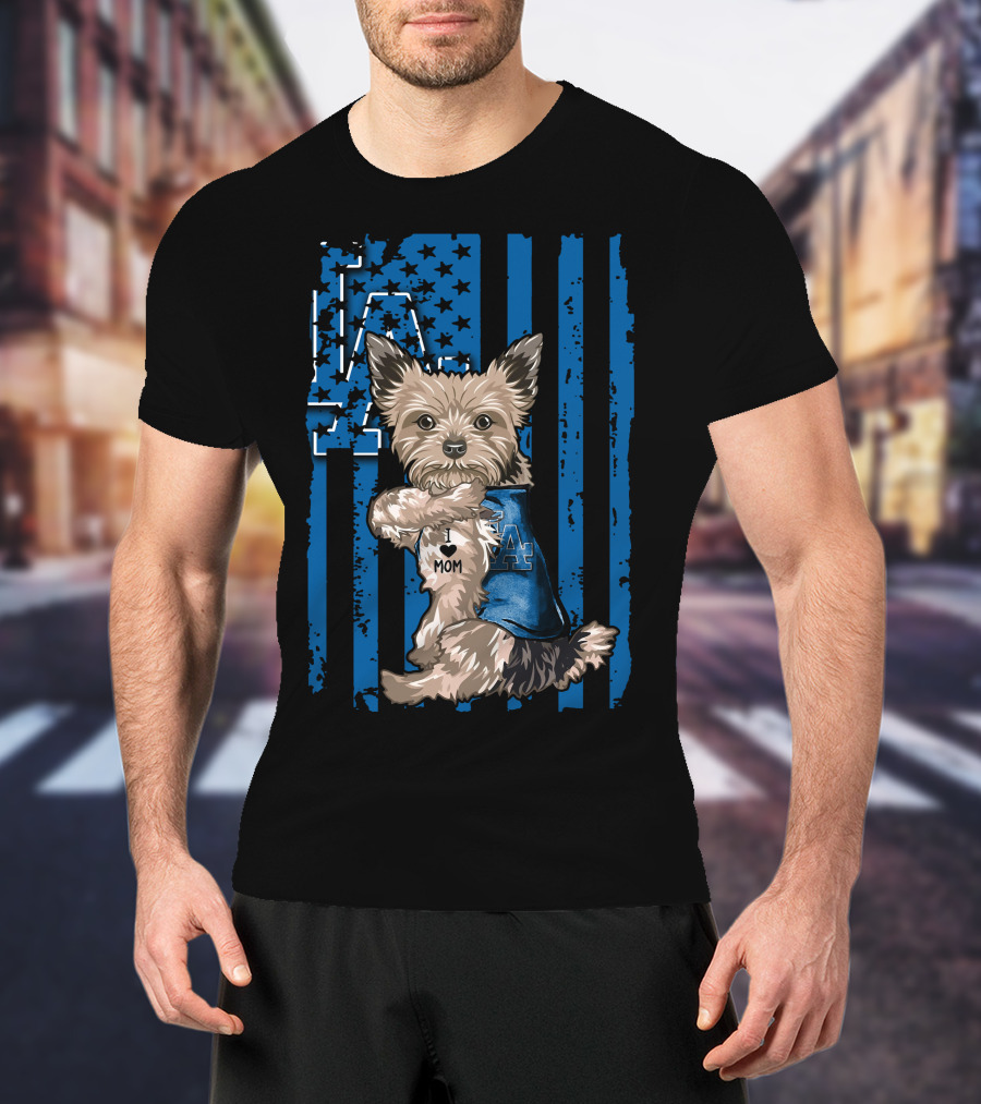Yorkshire Terrier I Love Mom Los Angeles Dodgers Blue Stars Stripes T-Shirt