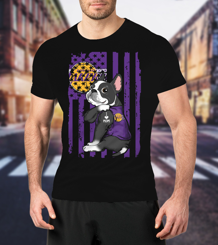 Boston Terrier I Love Mom Los Angeles Lakers Basketball T-Shirt