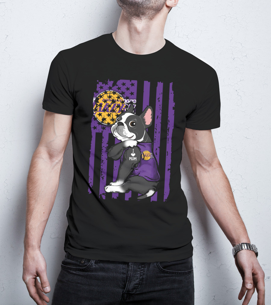 Boston Terrier I Love Mom Los Angeles Lakers Basketball T-Shirt