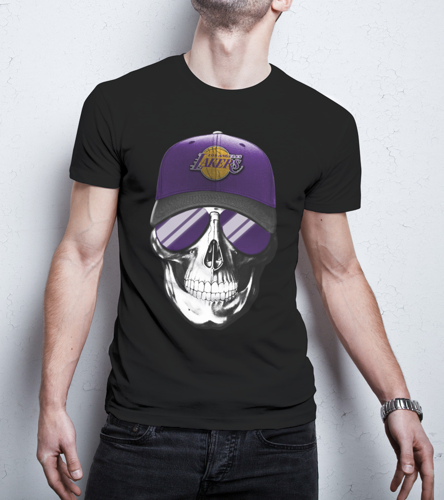 Los Angeles Lakers Skull With Purple Hat And Sunglasses T-Shirt