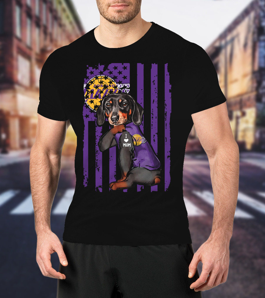Dachshund I Love Mom Los Angeles Lakers Purple Basketball Team Fan T-Shirt