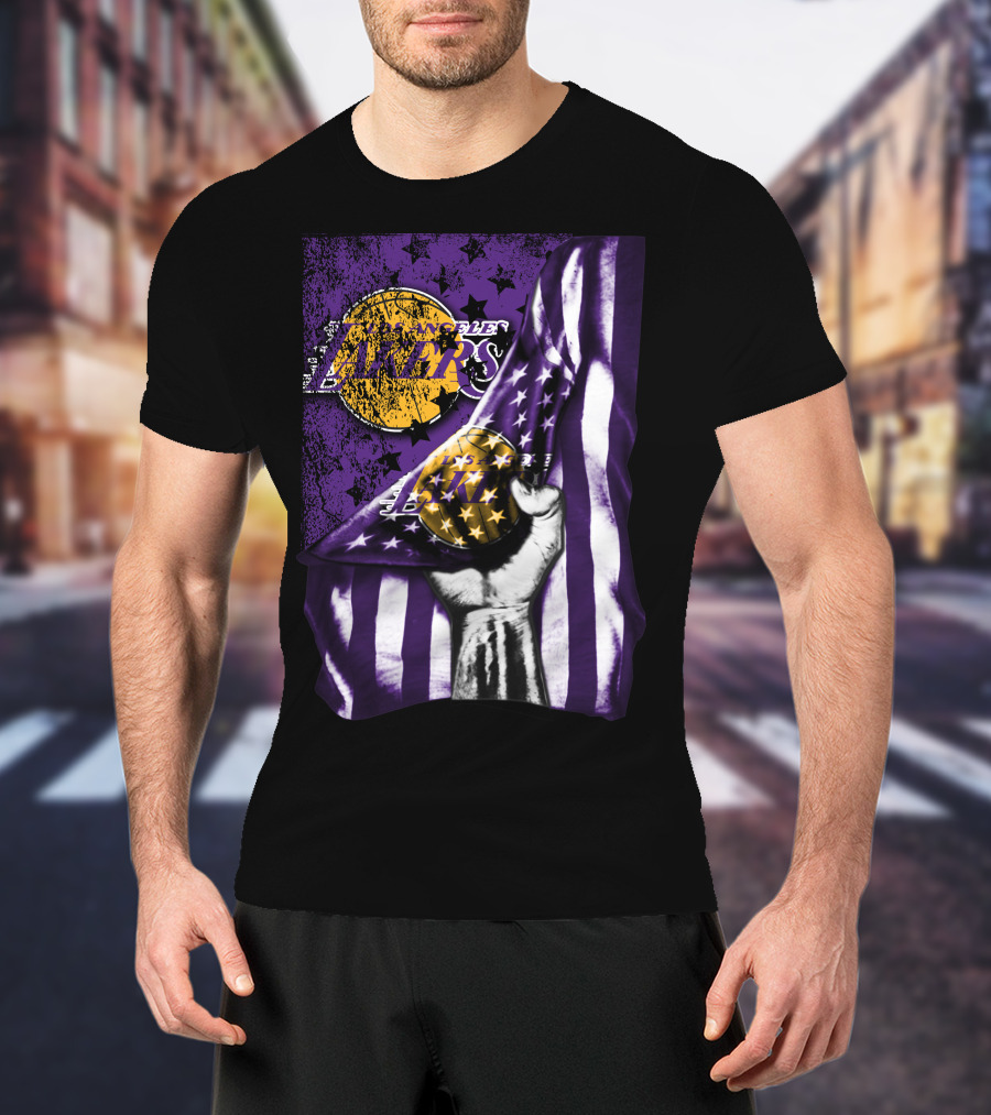 Los Angeles Lakers Purple Stars Stripes Flag Basketball T-Shirt