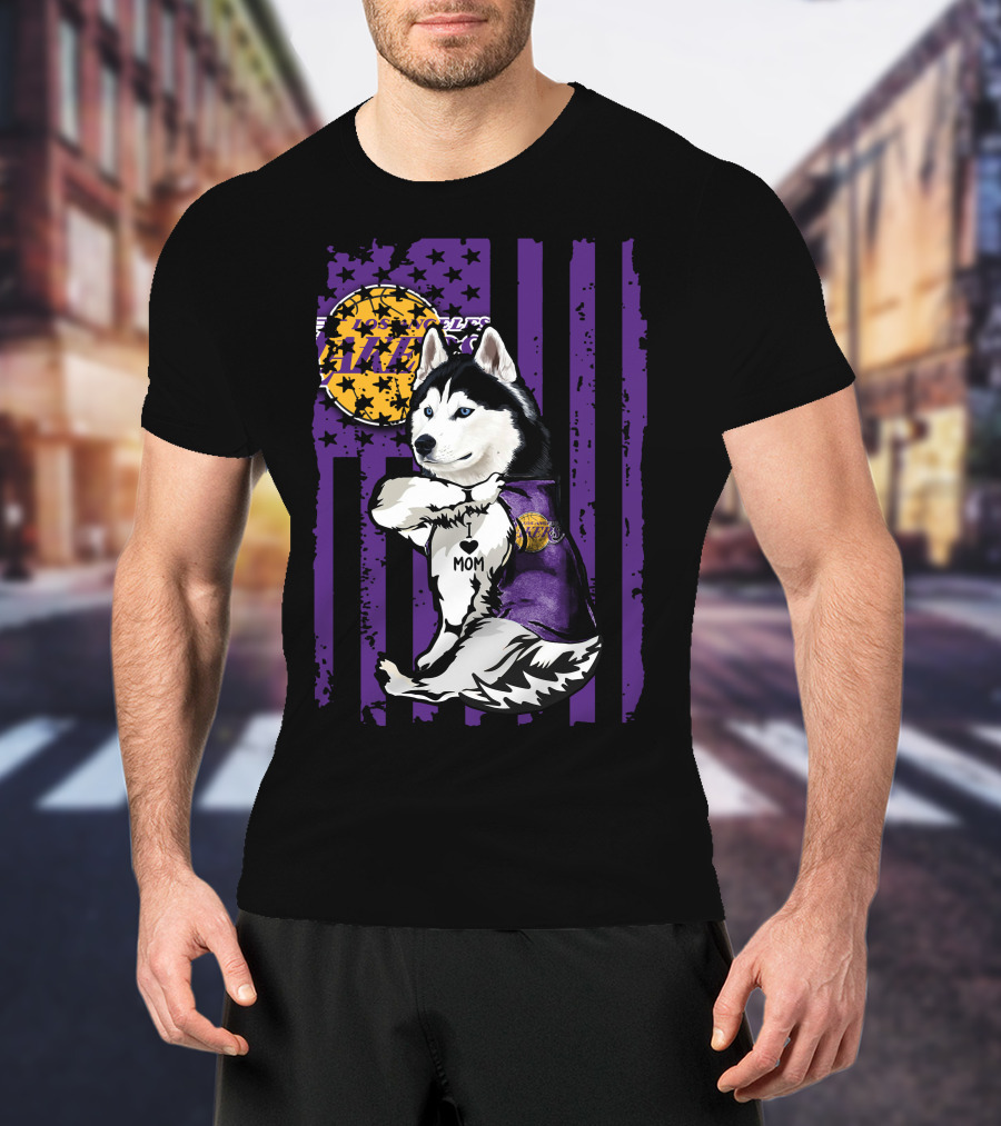 Siberian Husky Mom Los Angeles Lakers Fan With Purple American Flag Background T-Shirt