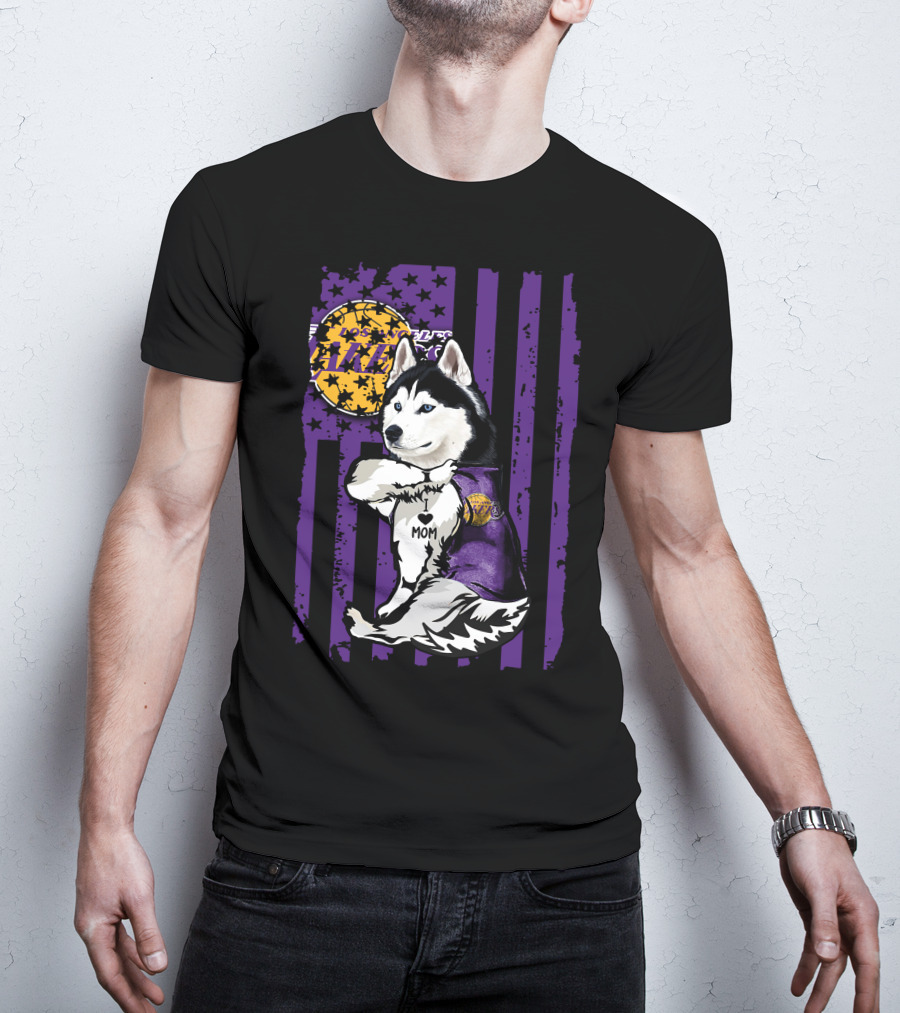 Siberian Husky Mom Los Angeles Lakers Fan With Purple American Flag Background T-Shirt