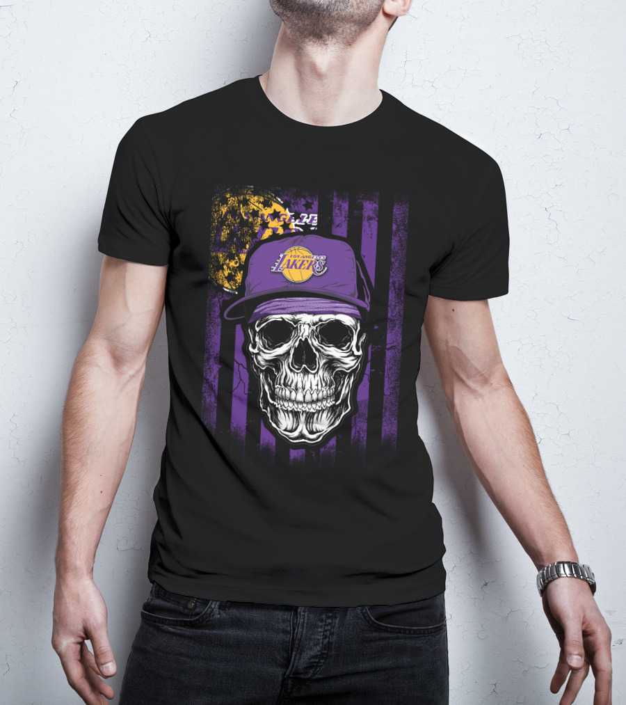 Los Angeles Lakers Skull Cap Bold Gothic T-Shirt