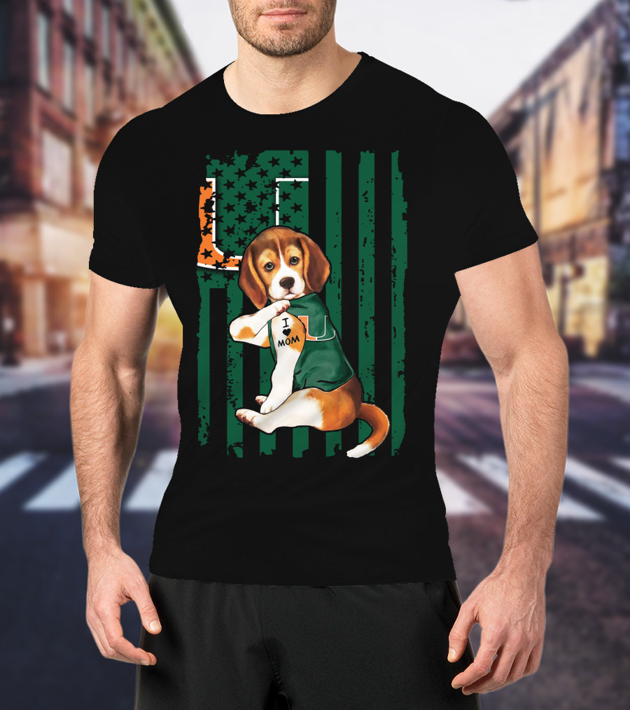 Beagle Miami Hurricanes I Love Mom Football Fan Mascot T-Shirt