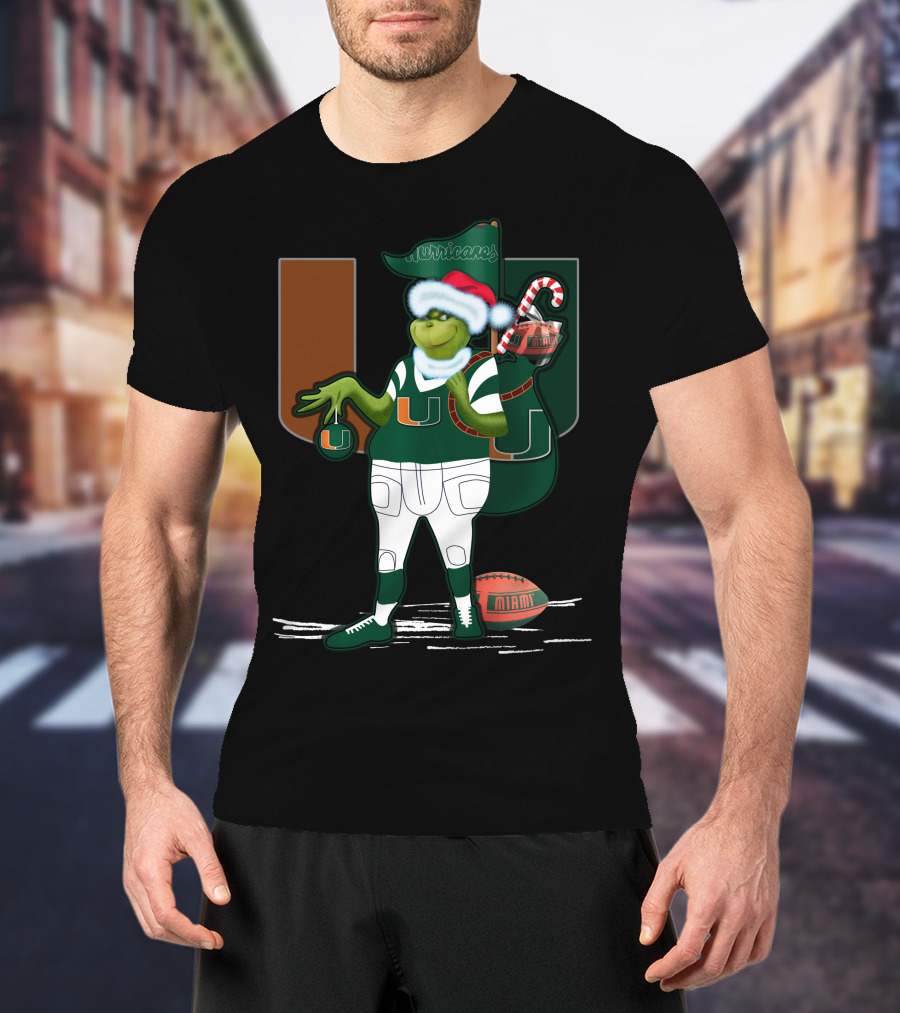 Grinchxmas Miami Hurricanes Festive Football Santa Grinch With Logo And Candy Cane Sack T-Shirt