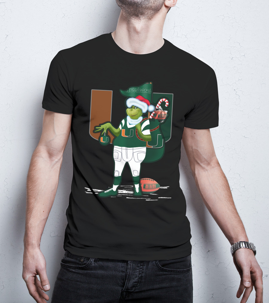Grinchxmas Miami Hurricanes Festive Football Santa Grinch With Logo And Candy Cane Sack T-Shirt