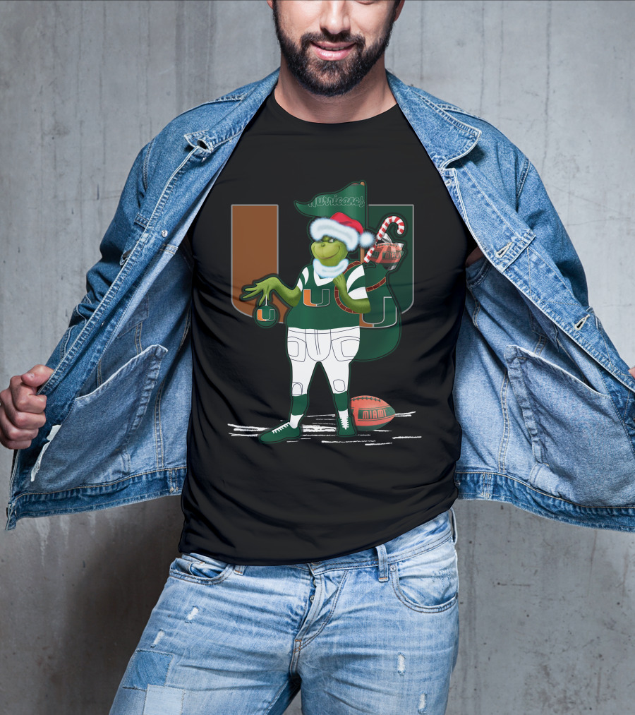 Grinchxmas Miami Hurricanes Festive Football Santa Grinch With Logo And Candy Cane Sack T-Shirt
