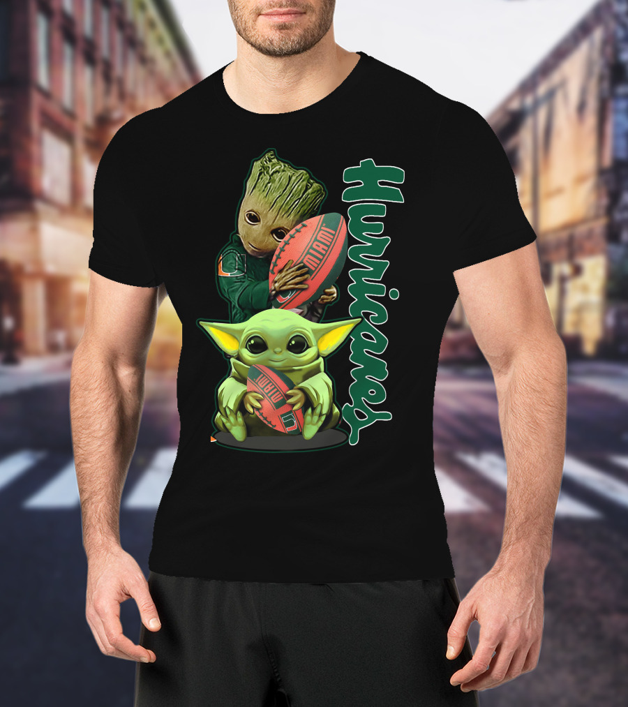 Grzd Miami Hurricanes Baby Yoda Groot Football T-Shirt