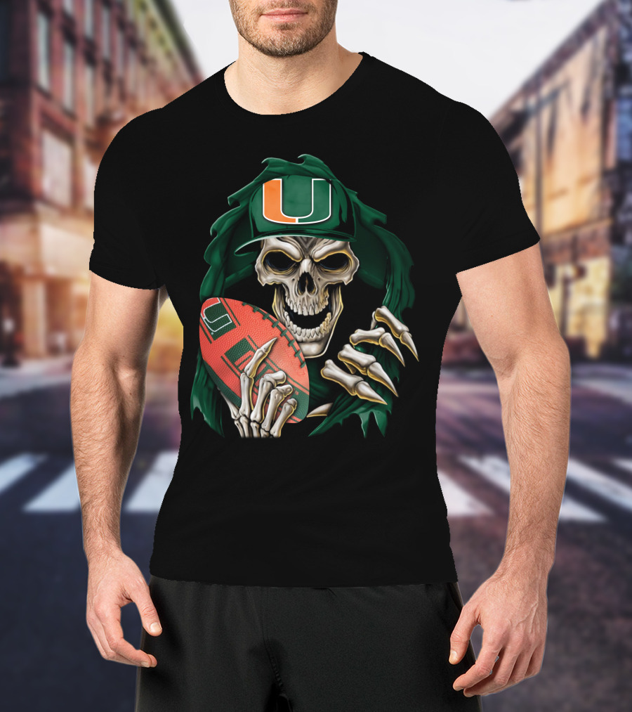 Skullbong Miami Hurricanes Skeleton Holding Football T-Shirt