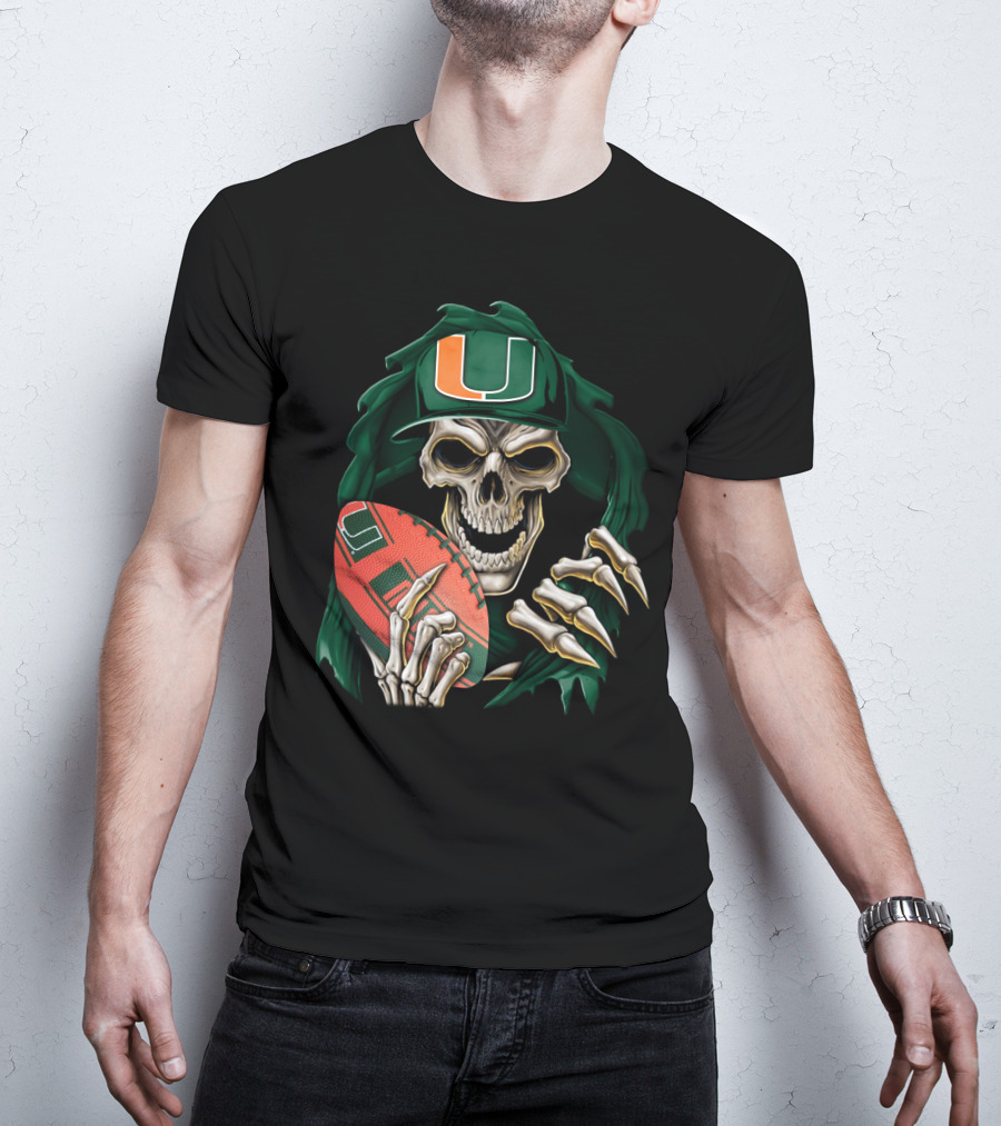 Skullbong Miami Hurricanes Skeleton Holding Football T-Shirt