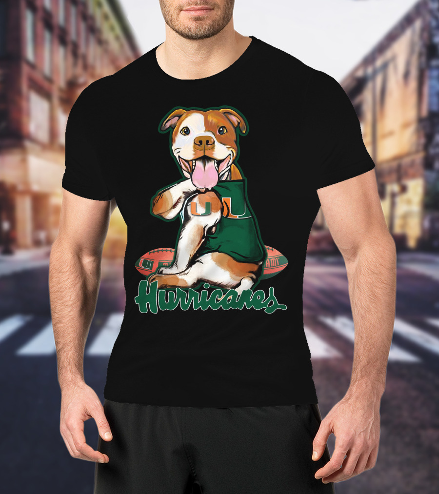 Pittbull Wearing Miami Hurricanes U Jersey With Football T-Shirt
