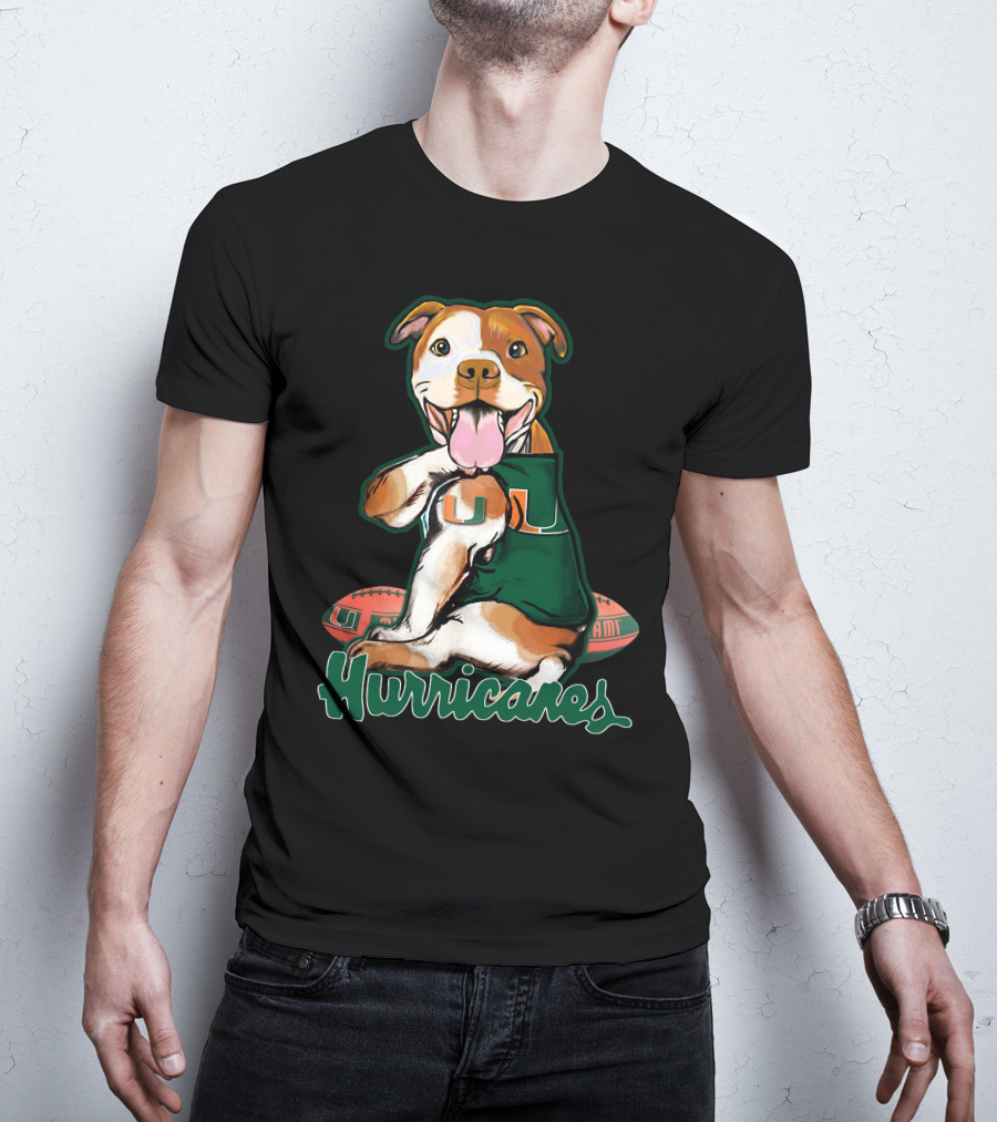 Pittbull Wearing Miami Hurricanes U Jersey With Football T-Shirt