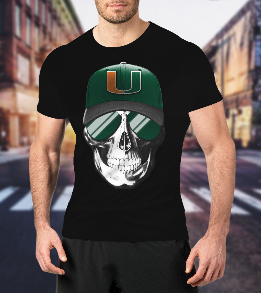 Miami Hurricanes Skull Cap With Reflective Sunglasses T-Shirt
