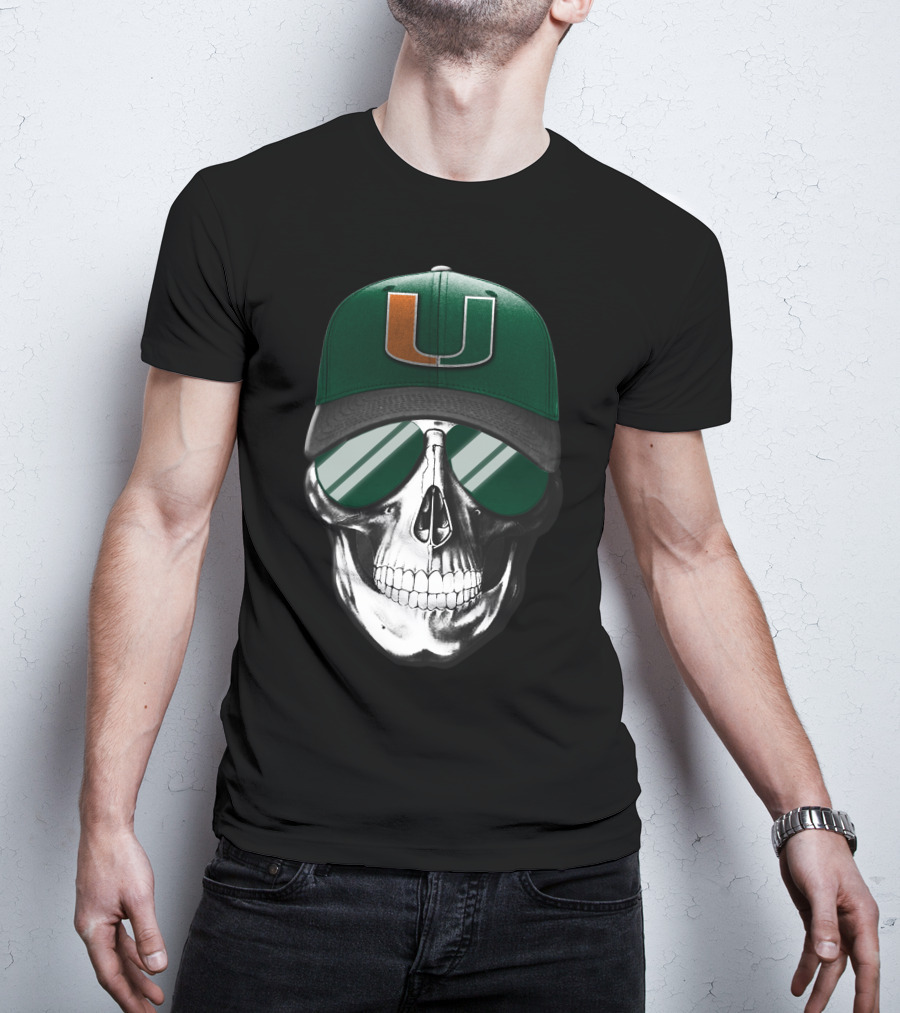 Miami Hurricanes Skull Cap With Reflective Sunglasses T-Shirt