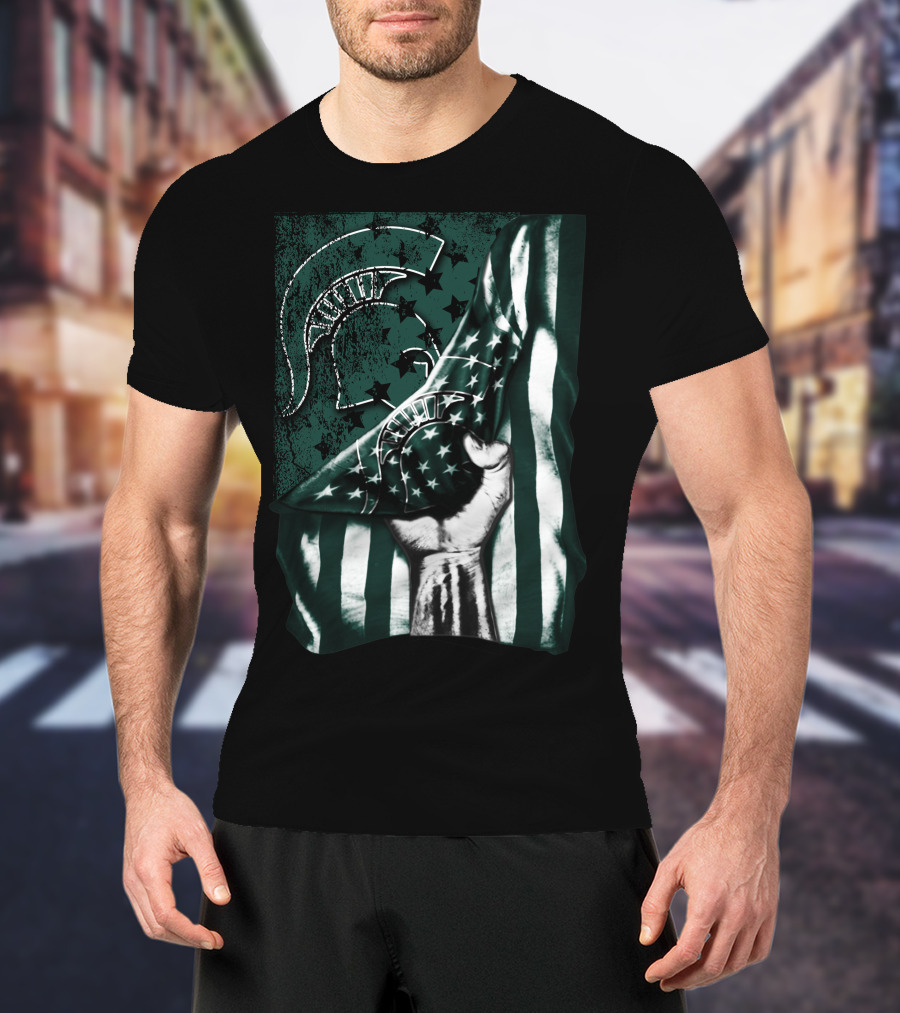 Michigan State Spartans Flag Spartan Helmet Stars Green White T-Shirt