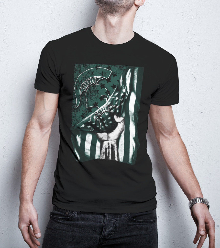Michigan State Spartans Flag Spartan Helmet Stars Green White T-Shirt