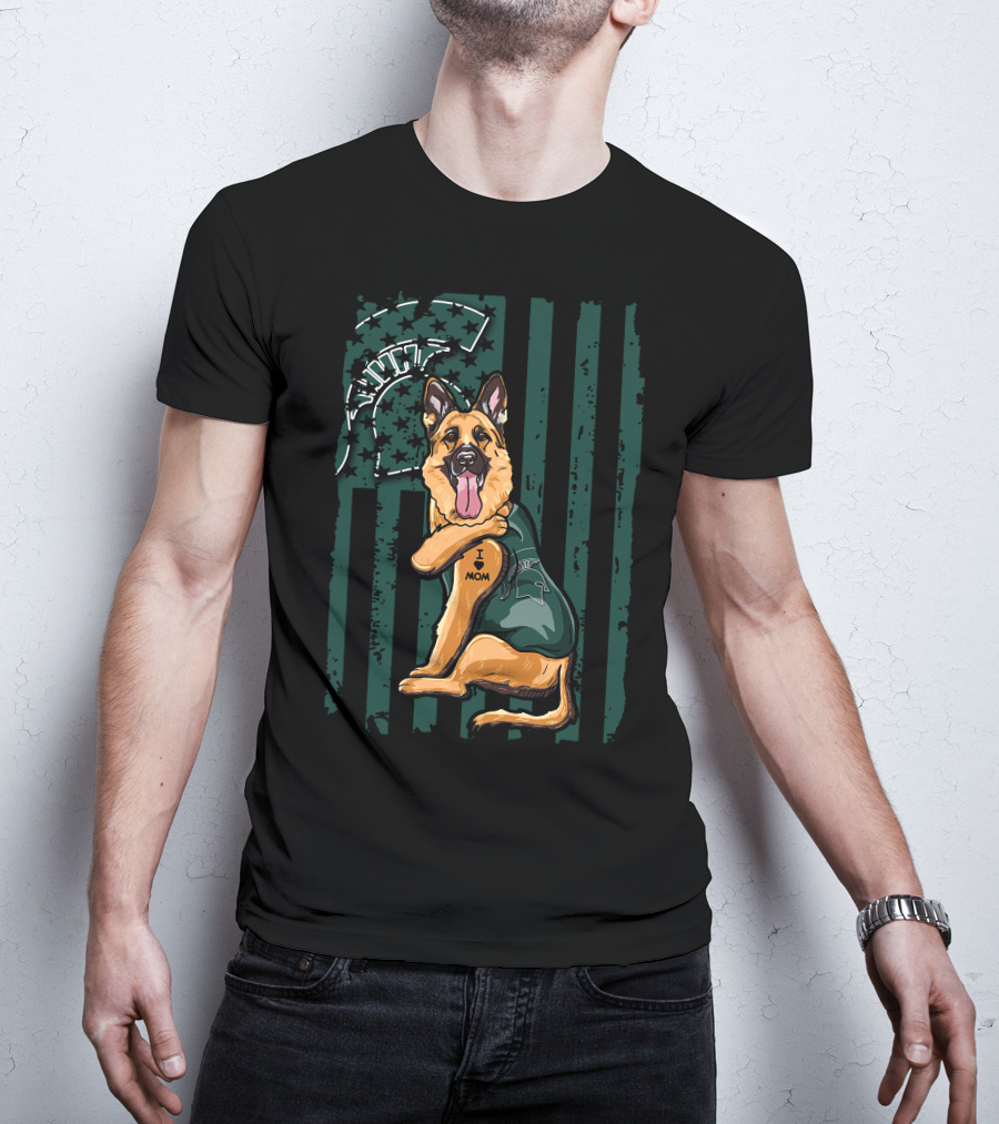 German Shepherd I Love Mom Michigan State Spartans Green And White Stripes T-Shirt