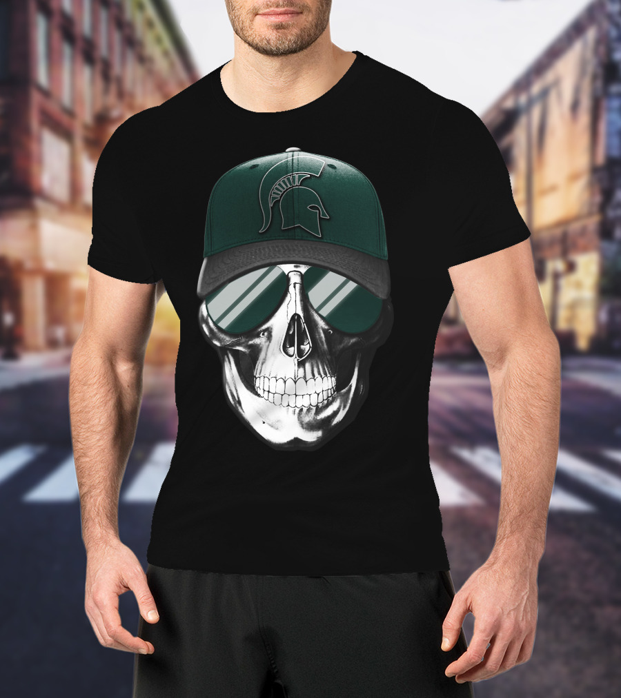Skull With Hat Featuring Michigan State Spartans Helmet T-Shirt