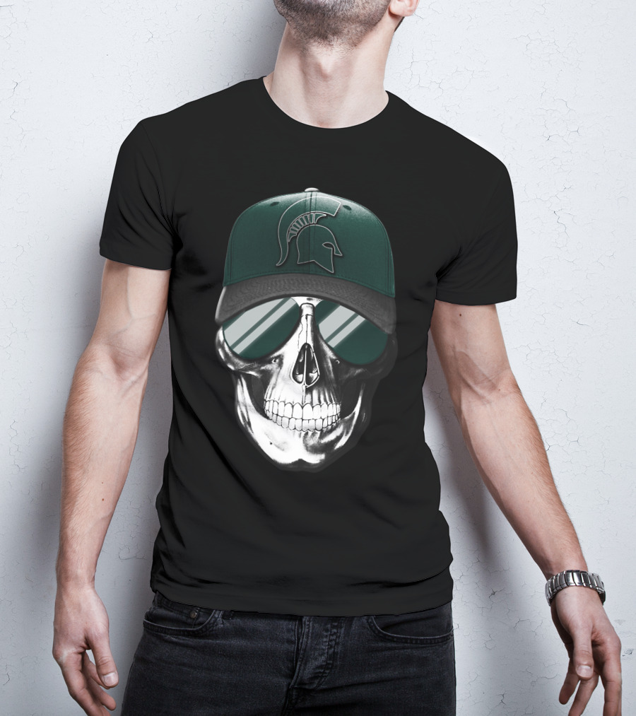 Skull With Hat Featuring Michigan State Spartans Helmet T-Shirt