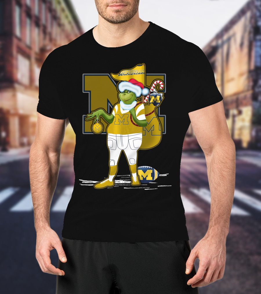 Grinchxmas Michigan Wolverines Santa Hat Football Candy Cane T-Shirt
