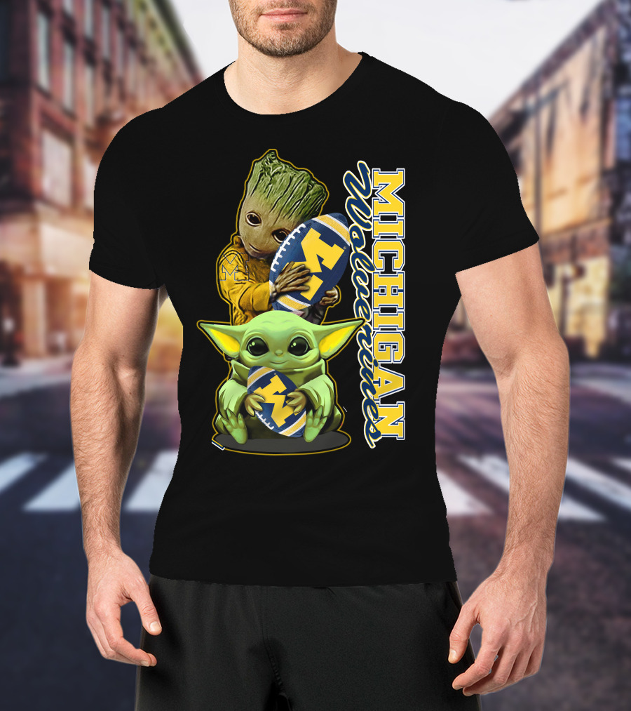 Michigan Wolverines Grogu And Groot Football T-Shirt