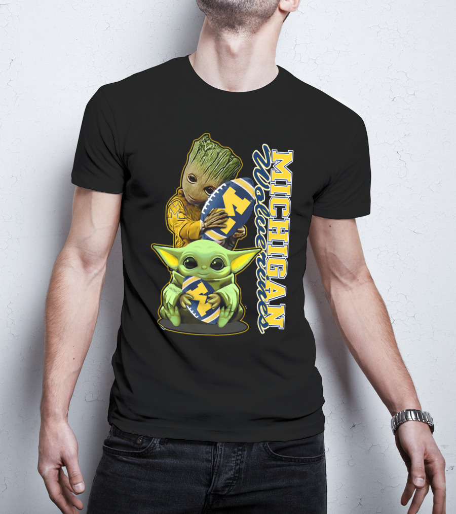 Michigan Wolverines Grogu And Groot Football T-Shirt