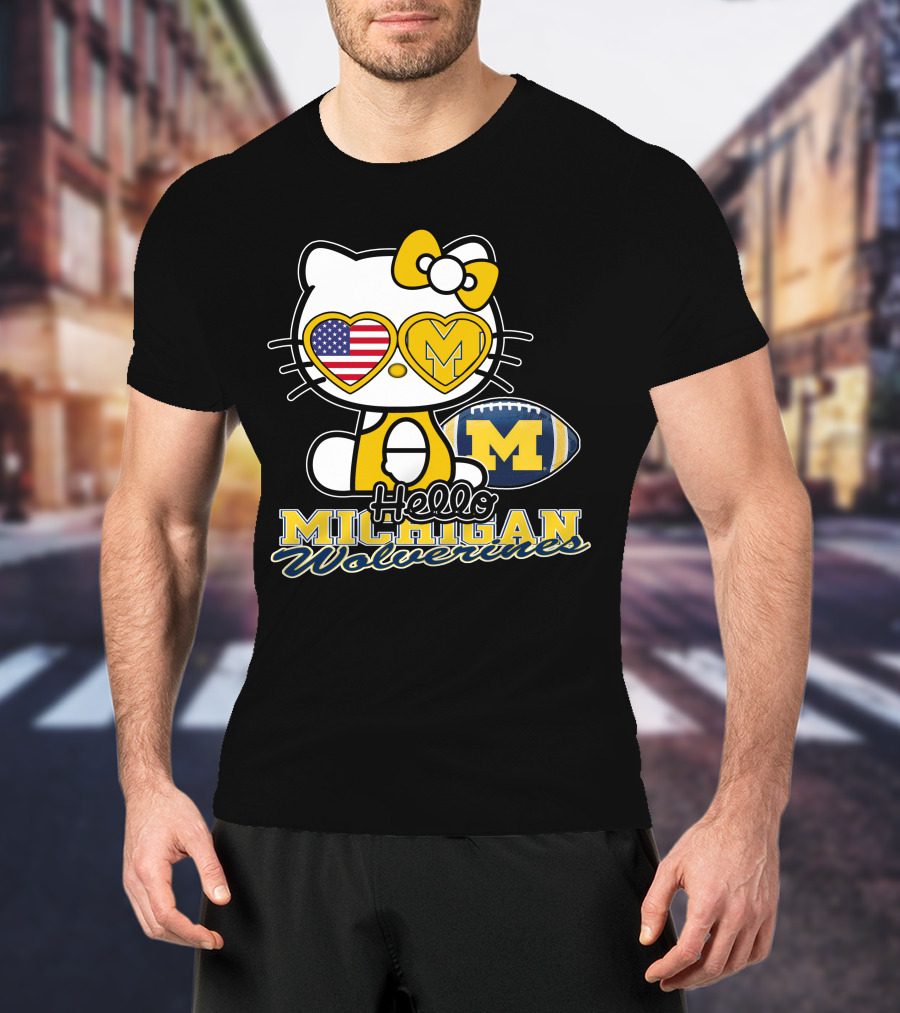 Hello Kitty Michigan Wolverines American Flag Football T-Shirt