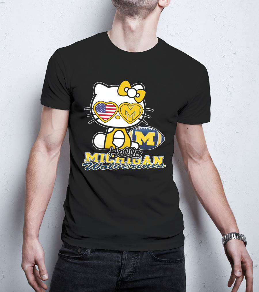 Hello Kitty Michigan Wolverines American Flag Football T-Shirt
