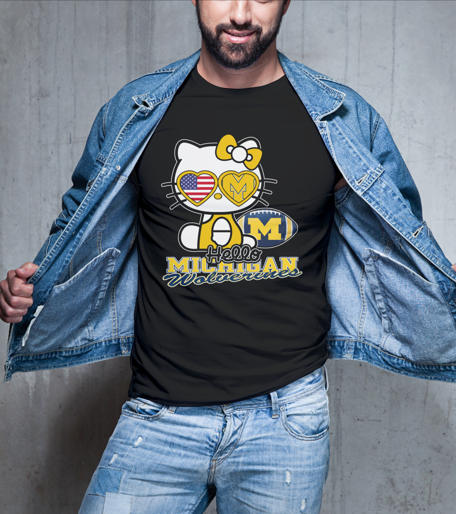 Hello Kitty Michigan Wolverines American Flag Football T-Shirt