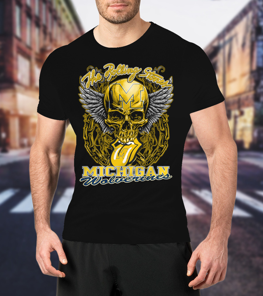 The Rolling Stones Michigan Wolverines Skull With Winged Helmet And Classic Tongue T-Shirt