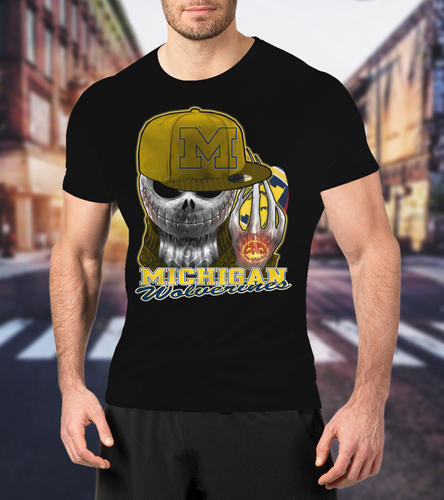 Jackskull Michigan Wolverines Halloween Skull With Wolverine Colors And Cap T-Shirt