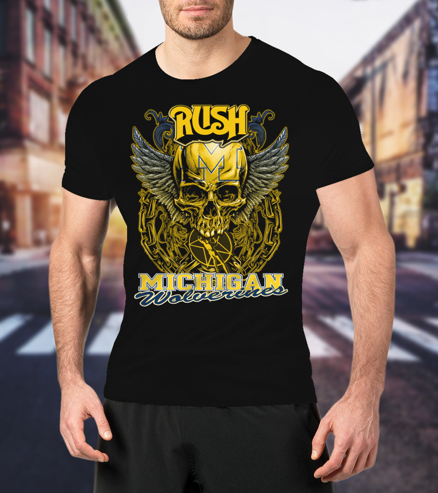 Rush Michigan Wolverines Skull Wings Chain T-Shirt